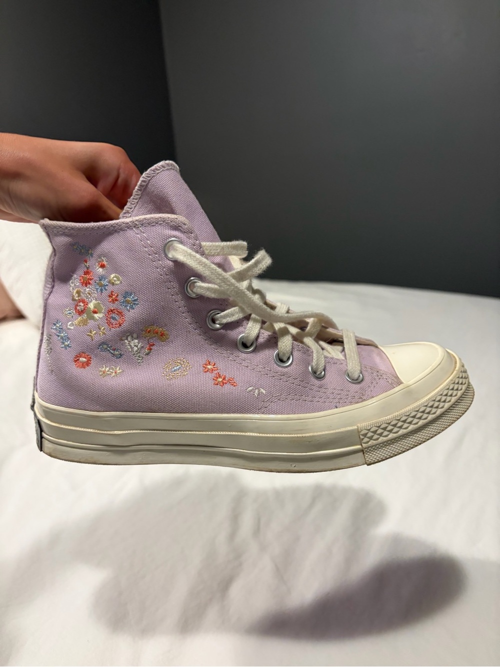 Converse Lilac High-Top Canvas Sneakers with Floral Embroidery